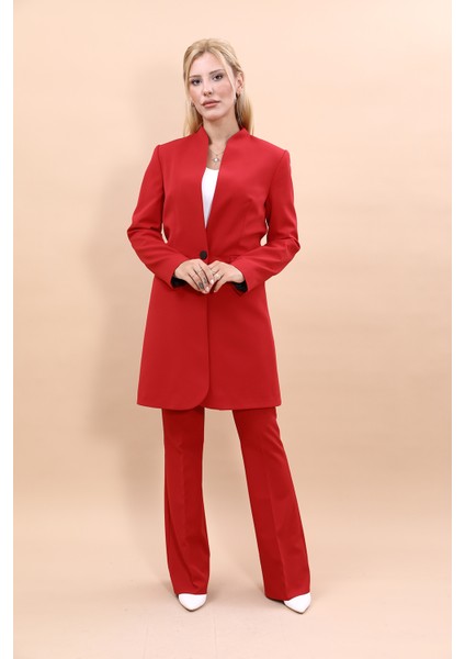 Kendinden Dik Yakalı Tek Düğmeli Uzun Ceket & İspanyol Paça Pantolon-Kırmızı indirimleri