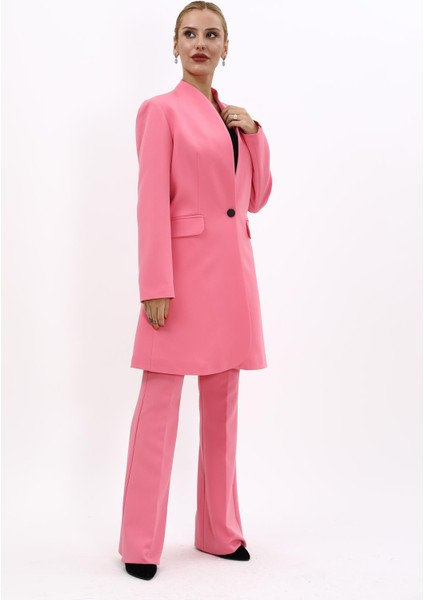 Kendinden Dik Yakalı Tek Düğmeli Uzun Ceket & İspanyol Paça Pantolon-Pembe
