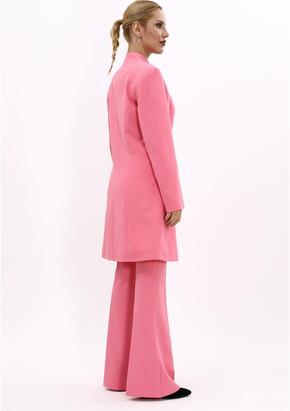 Kendinden Dik Yakalı Tek Düğmeli Uzun Ceket & İspanyol Paça Pantolon-Pembe fiyatları
