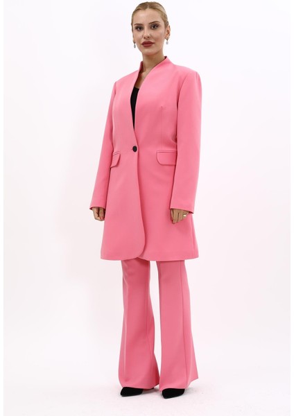 Kendinden Dik Yakalı Tek Düğmeli Uzun Ceket & İspanyol Paça Pantolon-Pembe modelleri