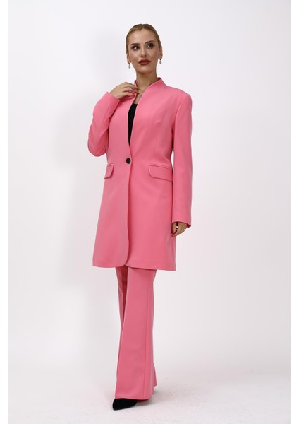 Kendinden Dik Yakalı Tek Düğmeli Uzun Ceket & İspanyol Paça Pantolon-Pembe fırsatları