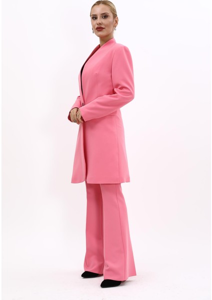 Kendinden Dik Yakalı Tek Düğmeli Uzun Ceket & İspanyol Paça Pantolon-Pembe indirimleri