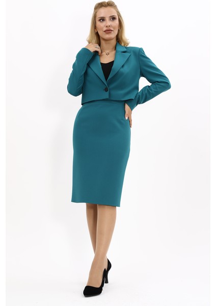 Erkek Yaka Tek Düğmeli Kısa Ceket & Düz Dar Etek-Petrol