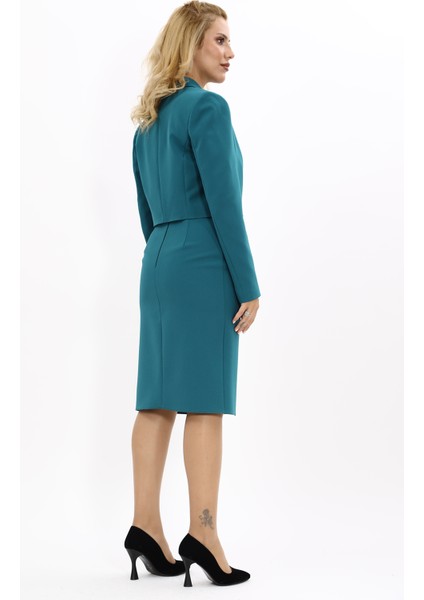 Erkek Yaka Tek Düğmeli Kısa Ceket & Düz Dar Etek-Petrol fırsatları