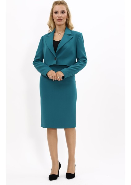 Erkek Yaka Tek Düğmeli Kısa Ceket & Düz Dar Etek-Petrol indirimleri