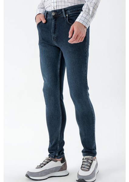 Erkek Lacivert Denim 5 Cep Slim Fit Jean Kot Pantolon
