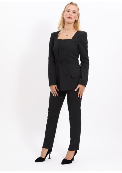 Kare Yaka Ceket & Dar Paça Pantolon-Siyah