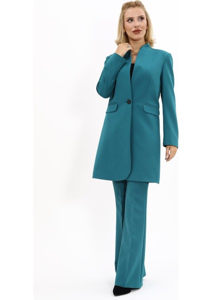 Kendinden Dik Yakalı Tek Düğmeli Uzun Ceket & İspanyol Paça Pantolon-Petrol fiyatları