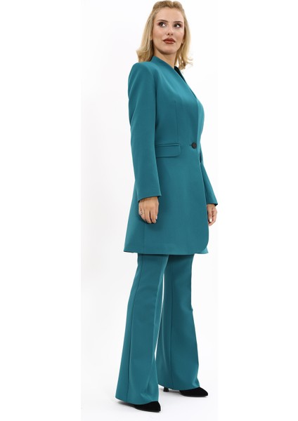 Kendinden Dik Yakalı Tek Düğmeli Uzun Ceket & İspanyol Paça Pantolon-Petrol fırsatları