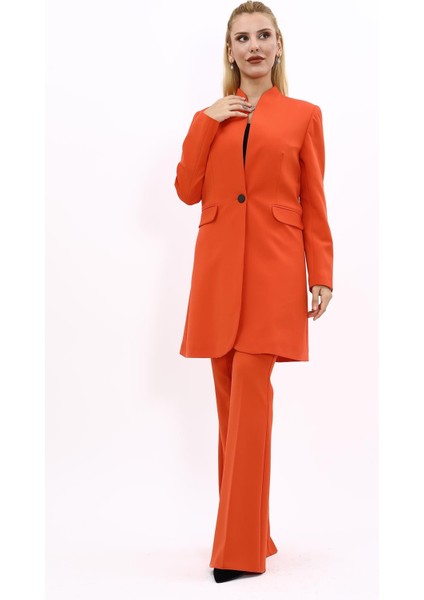 Kendinden Dik Yakalı Tek Düğmeli Uzun Ceket & İspanyol Paça Pantolon-Turuncu
