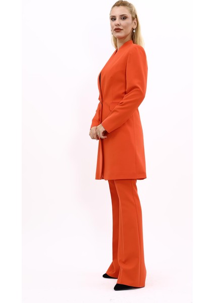 Kendinden Dik Yakalı Tek Düğmeli Uzun Ceket & İspanyol Paça Pantolon-Turuncu fiyatları