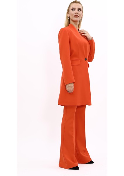Kendinden Dik Yakalı Tek Düğmeli Uzun Ceket & İspanyol Paça Pantolon-Turuncu modelleri