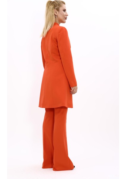Kendinden Dik Yakalı Tek Düğmeli Uzun Ceket & İspanyol Paça Pantolon-Turuncu fırsatları