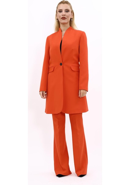 Kendinden Dik Yakalı Tek Düğmeli Uzun Ceket & İspanyol Paça Pantolon-Turuncu indirimleri