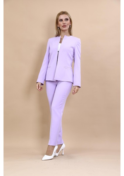 Oval Yaka Yandan Kuplu Klasik Ceket & Dar Paça Pantolon-Menekşe