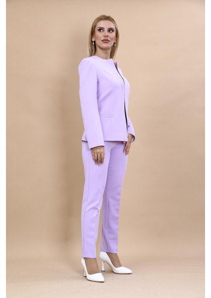 Oval Yaka Yandan Kuplu Klasik Ceket & Dar Paça Pantolon-Menekşe modelleri
