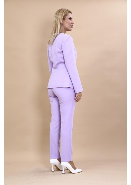 Oval Yaka Yandan Kuplu Klasik Ceket & Dar Paça Pantolon-Menekşe fırsatları