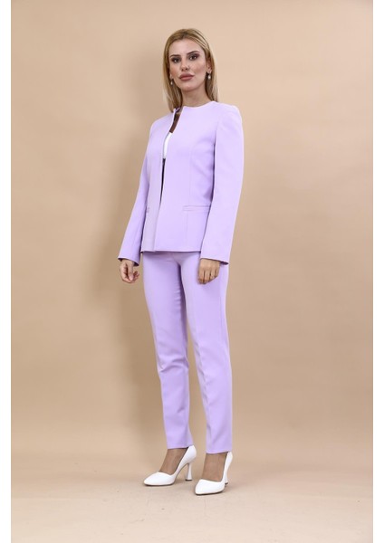 Oval Yaka Yandan Kuplu Klasik Ceket & Dar Paça Pantolon-Menekşe indirimleri