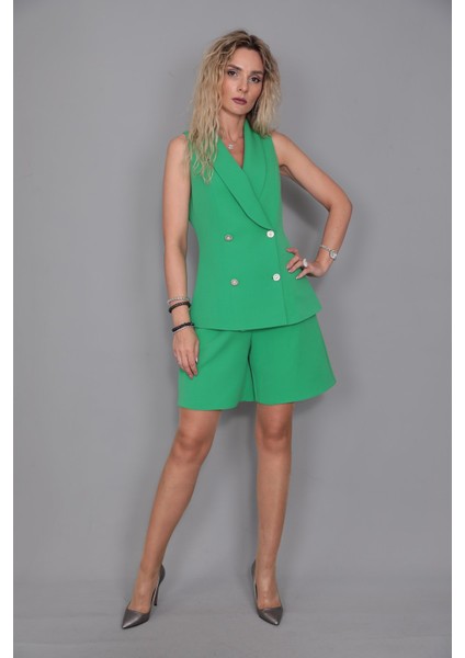 Abiye Yelek & Tokalı Etek Şort-Yeşil