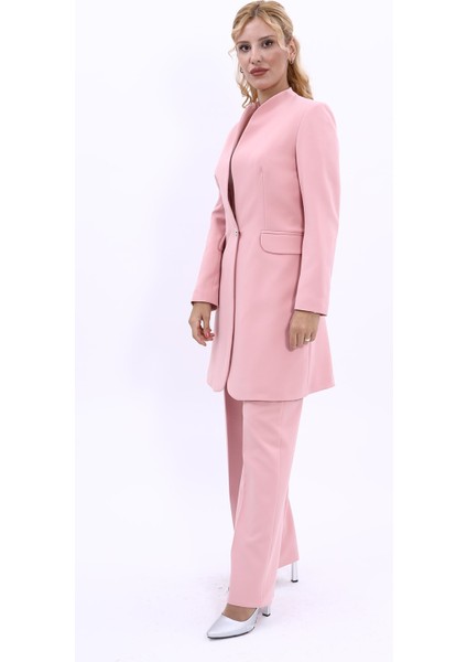 Kendinden Dik Yakalı Tek Düğmeli Uzun Ceket & Bol Paça Pantolon-Pudra