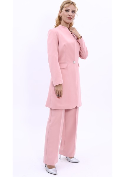 Kendinden Dik Yakalı Tek Düğmeli Uzun Ceket & Bol Paça Pantolon-Pudra fiyatları