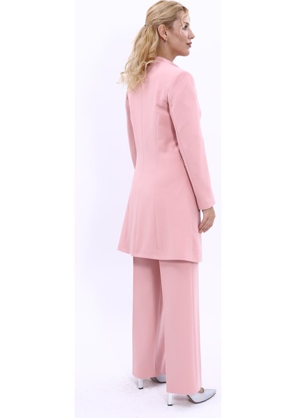 Kendinden Dik Yakalı Tek Düğmeli Uzun Ceket & Bol Paça Pantolon-Pudra modelleri
