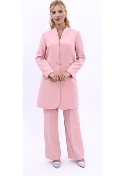 Kendinden Dik Yakalı Tek Düğmeli Uzun Ceket & Bol Paça Pantolon-Pudra fırsatları