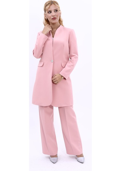 Kendinden Dik Yakalı Tek Düğmeli Uzun Ceket & Bol Paça Pantolon-Pudra indirimleri