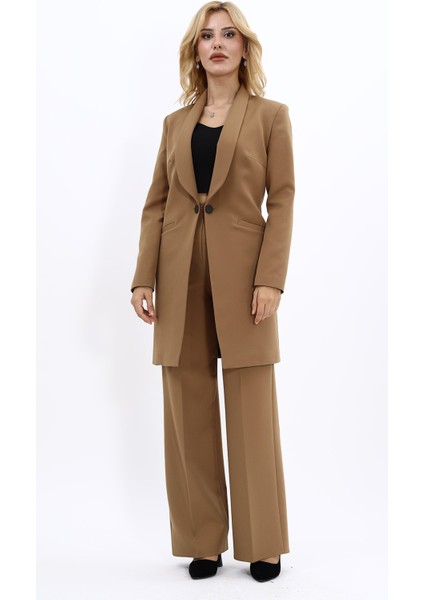 Şal Yaka Cepli Uzun Ceket & Bol Paça Pantolon-Camel
