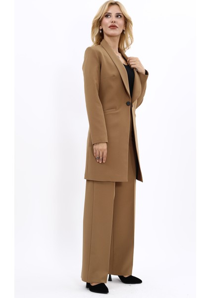 Şal Yaka Cepli Uzun Ceket & Bol Paça Pantolon-Camel fırsatları