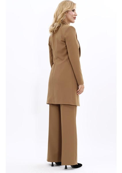 Şal Yaka Cepli Uzun Ceket & Bol Paça Pantolon-Camel indirimleri