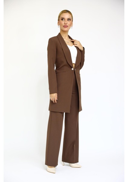 Şal Yaka Cepli Uzun Ceket & Bol Paça Pantolon-Kestane