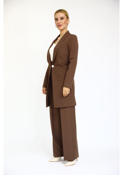Şal Yaka Cepli Uzun Ceket & Bol Paça Pantolon-Kestane modelleri