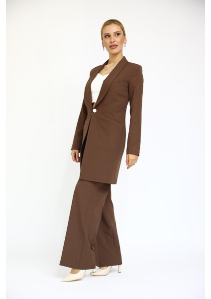 Şal Yaka Cepli Uzun Ceket & Bol Paça Pantolon-Kestane fırsatları