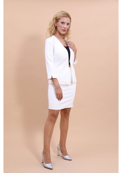 V Yaka Boydan Kuplu Kısa Ceket & Yırtmaçlı Düz Dar Etek-Beyaz fiyatları