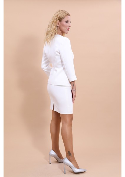 V Yaka Boydan Kuplu Kısa Ceket & Yırtmaçlı Düz Dar Etek-Beyaz fırsatları