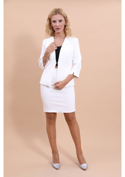 V Yaka Boydan Kuplu Kısa Ceket & Yırtmaçlı Düz Dar Etek-Beyaz indirimleri