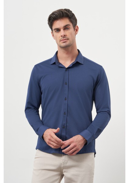 Erkek Lacivert Trend Slim Fit Italyan Yaka Gömlek