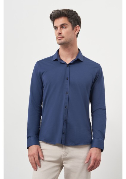 Erkek Lacivert Trend Slim Fit Italyan Yaka Gömlek fiyatları