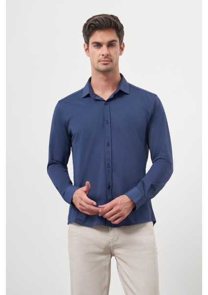 Erkek Lacivert Trend Slim Fit Italyan Yaka Gömlek modelleri
