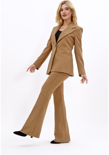 Erkek Yaka Tek Düğmeli Klasik Ceket & İspanyol Paça Pantolon-Camel