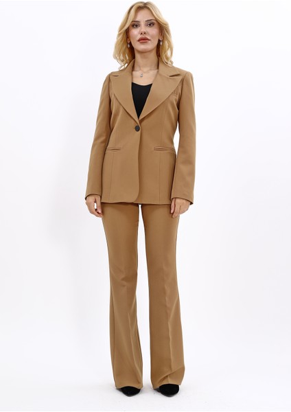 Erkek Yaka Tek Düğmeli Klasik Ceket & İspanyol Paça Pantolon-Camel fırsatları