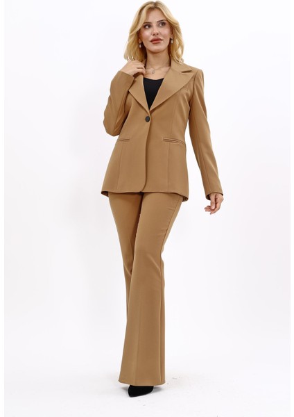Erkek Yaka Tek Düğmeli Klasik Ceket & İspanyol Paça Pantolon-Camel indirimleri