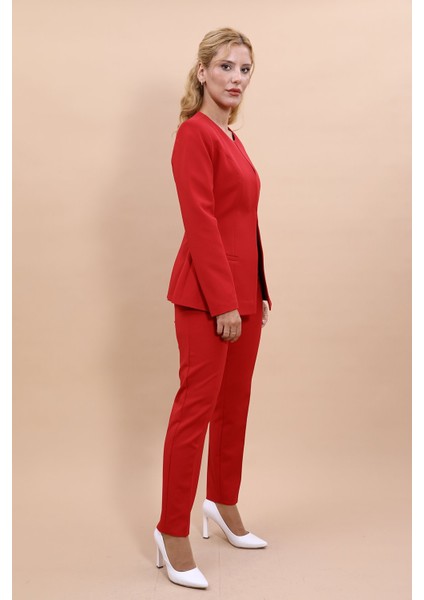 Oval Yaka Yandan Kuplu Klasik Ceket & Dar Paça Pantolon-Kırmızı fiyatları