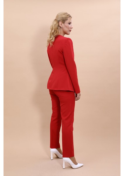 Oval Yaka Yandan Kuplu Klasik Ceket & Dar Paça Pantolon-Kırmızı fırsatları