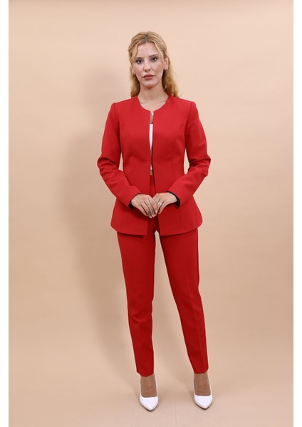 Oval Yaka Yandan Kuplu Klasik Ceket & Dar Paça Pantolon-Kırmızı indirimleri