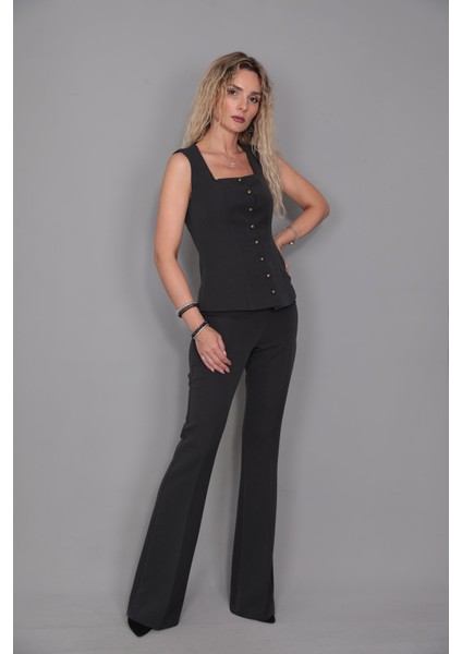 Kare Yaka Kuplu Yelek & İspanyol Paça Pantolon-Füme