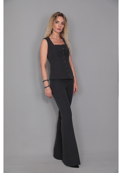 Kare Yaka Kuplu Yelek & İspanyol Paça Pantolon-Füme fiyatları