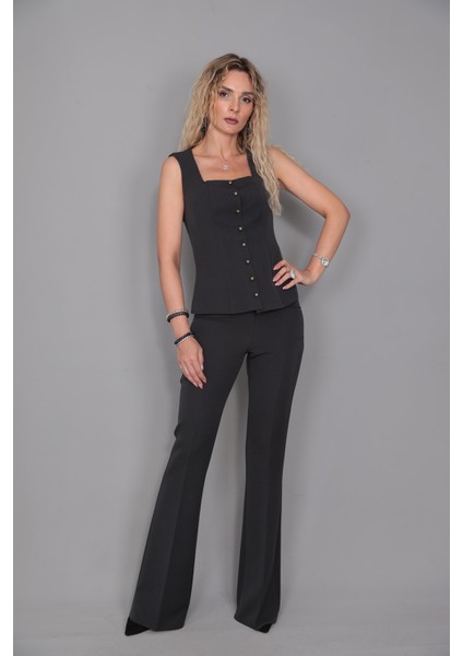 Kare Yaka Kuplu Yelek & İspanyol Paça Pantolon-Füme modelleri