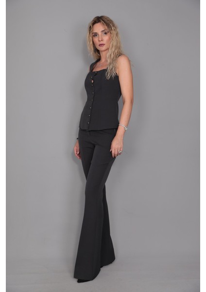 Kare Yaka Kuplu Yelek & İspanyol Paça Pantolon-Füme indirimleri